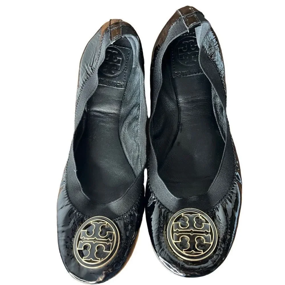 Tory Burch Caroline Women's Black Patent Leather Slip On Ballet Flats Size 7M